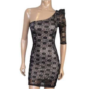 Mystic Black Lace One Shoulder Dress Puff Sleeve Mini Bodycon Cocktail Gold